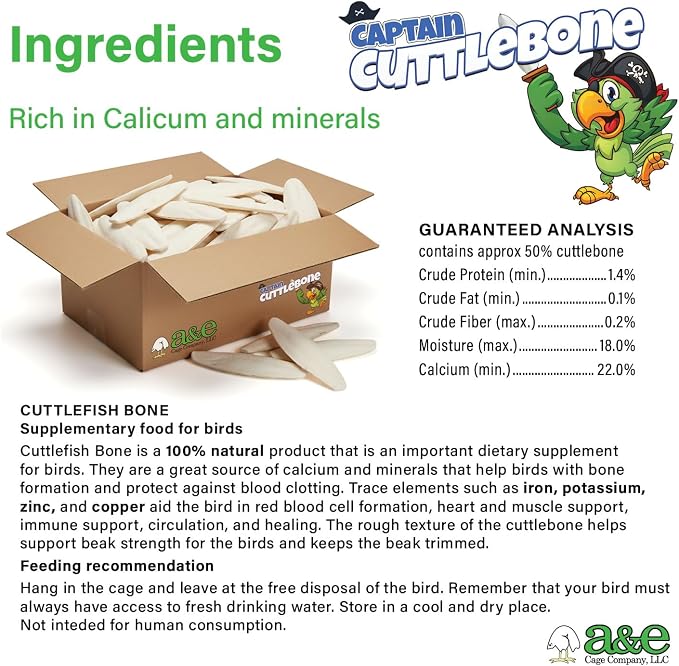 Captain Cuttlebone AE9011 Natural Bird Cuttlebone – 5lb Bulk Box of 4–6" Pieces – Calcium Supplement for Parakeets, Budgies, Finches, Canaries, Lovebirds & Small Birds