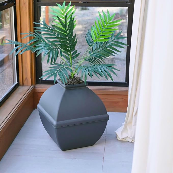 Good Pet Stuff Courtyard Hidden Litter Box Planter, Decorative Cat Litter Enclosure with Carbon Filter, Artificial Palm Plant, Square Design, Easy to Clean, Base Kit, Black Suede