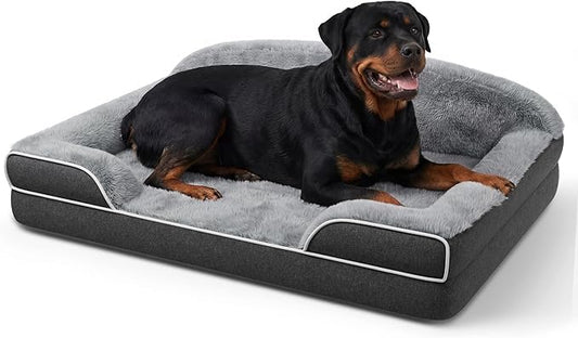 Orthopedic Jumbo Dog Bed for Giant Dogs, 48 x 35 Inch Waterproof Memory Foam XXL Dog Sofa Bed with Sides, Non-Slip & Washable Removable Cover, Dark Grey