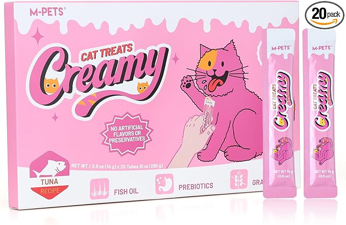 M-PETS Ocean Fresh Tuna Lickable Cat Treat – 20 Tubes of Healthy Squeeze Up Creamy Snacks with Functional Nutrients for Hydration, Digestive & Coat Health – Grain Free, High Protein, Low Calorie