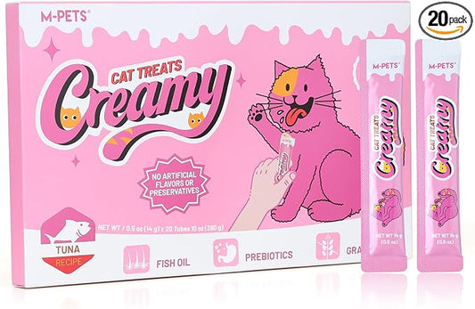 M-PETS Ocean Fresh Tuna Lickable Cat Treat – 20 Tubes of Healthy Squeeze Up Creamy Snacks with Functional Nutrients for Hydration, Digestive & Coat Health – Grain Free, High Protein, Low Calorie