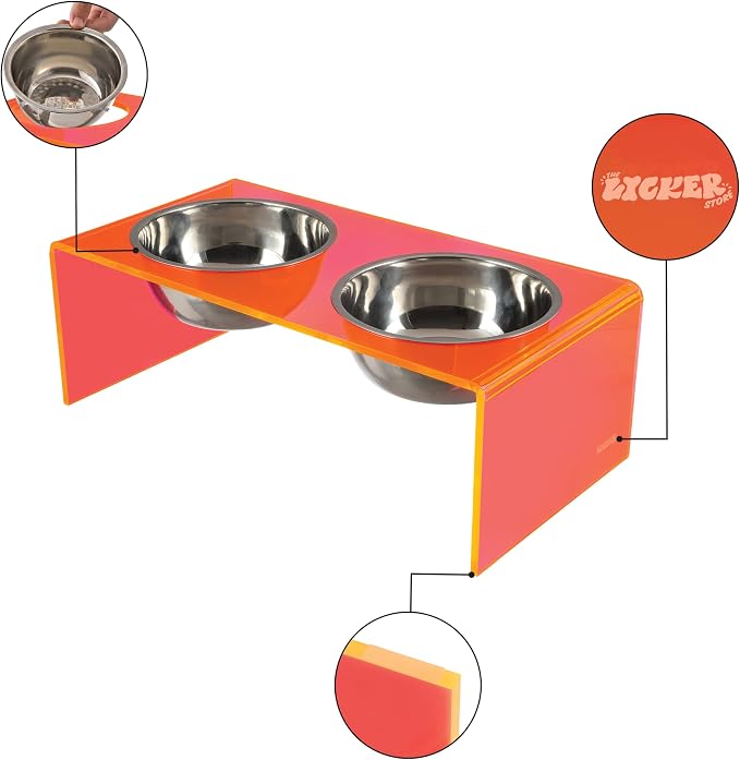 DBL2001E Keaton 7.5" Medium/Large Modern Acrylic Rectangular Elevated Pet Feeder with 54oz 2-Stainless Steel Bowls, Pink/Chrome
