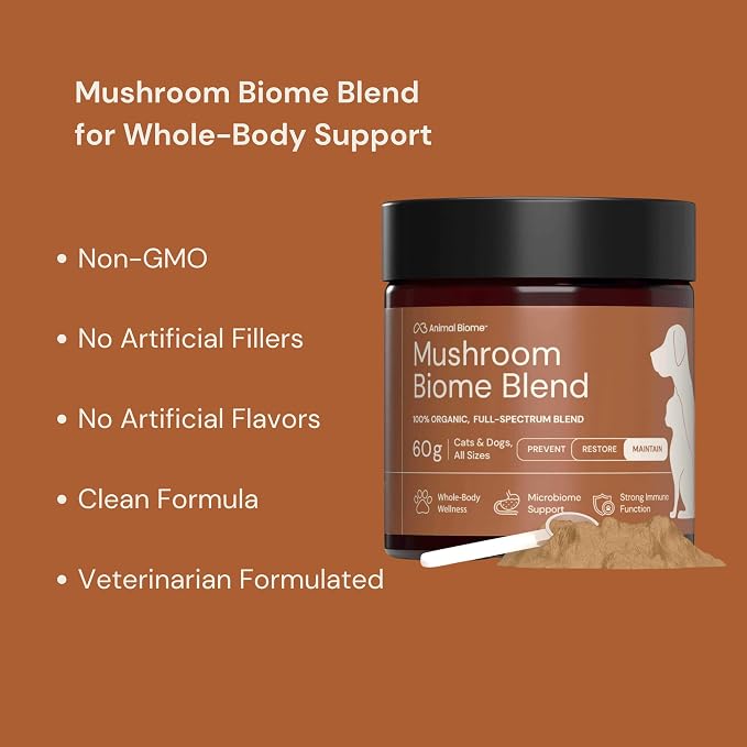 Animal Biome 8-in-1 Mushroom Supplement for Dogs & Cats, 60g (105 Scoops) – Turkey Tail Mushroom, Lion’s Mane Blend – Organic Mushroom Powder for Cat & Dog Immune & Wellness Support, Daily Food Topper