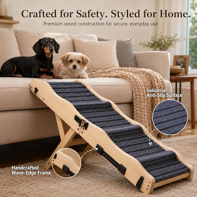 2026 Upgraded Dog Ramp for Couch & Low Bed, 33" L Folding Wood Pet Ramp 200LB Capacity, 4-Level Adjustable Height 11"-20", Non-Slip Sturdy Puppy Ramp for Small & Senior Dogs, Joint Relief, Wavy Design
