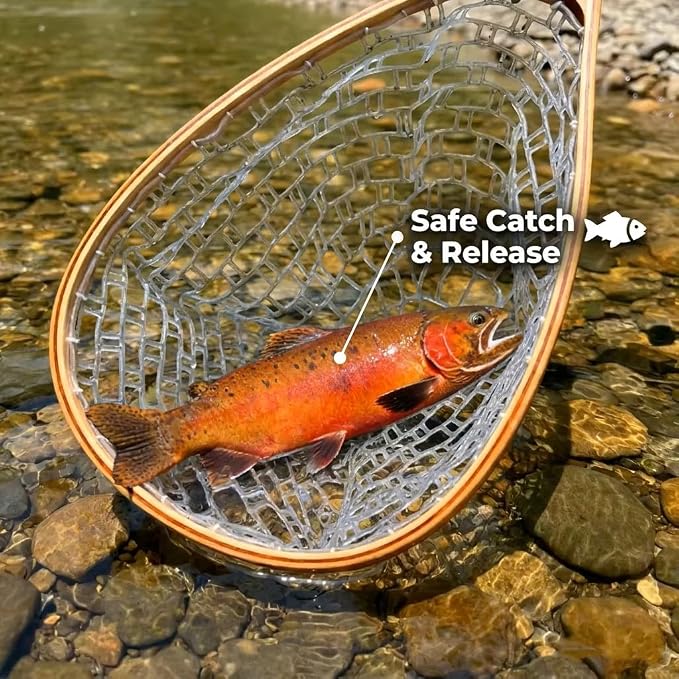 YYKBlueSky Fly Fishing Landing Net - 24" Trout Net, Soft Clear Silicone Mesh for Catch and Release, Durable Wood Frame, Safety Lanyard & Carabiner for Wading, Kayak & Boat Fishing