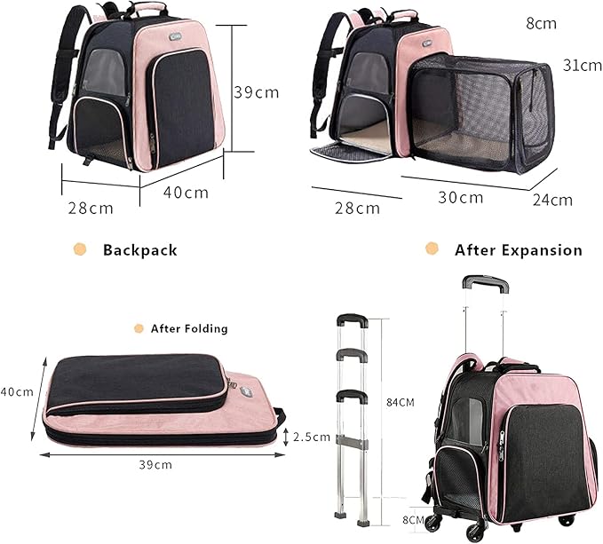 Pet Travel Carrier with Wheels,Puppy & Kitty Expandable Backpack Carrier for Dogs and Cats, Rolling Pet Carrier with Adjustable Handle, Mesh Windows, Storage Pockets