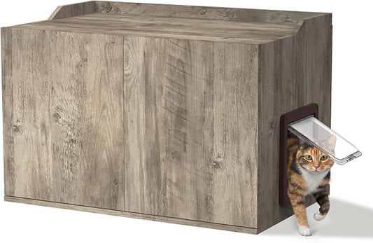 Cat Litter Box Enclosure Furniture with Cat Door, Extra Large Hidden Litter Box Cabinet for XL Boxes, 31.5" L x 19.8" W x 21.1" H, Wooden Cat Box Furniture Odor Control, Gray