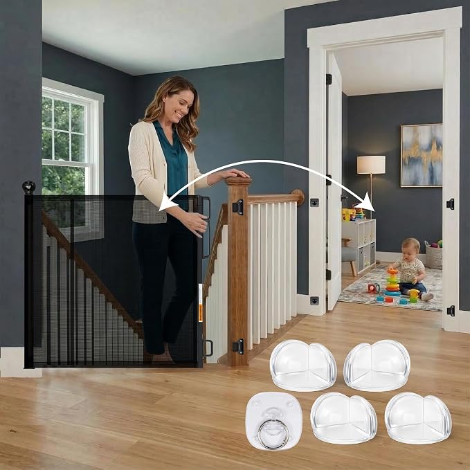 Retractable Baby Gate - 72" Wide Mesh Dog Gate with Support Rods - 34" Tall for Stairs, Doorways, Hallways - Drill or No-Drill - Pet & Cat Gate - Outdoor/Indoor (Black, 5.91 Feet)