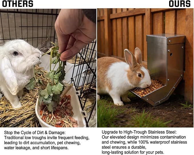 Small Animal Gravity Feeder 4 Pcs - Stainless Steel Pet Feeding Rabbits Feeder, Anti-Corrosion Durable with Sliding Lid for Indoor Outdoor Cage Use