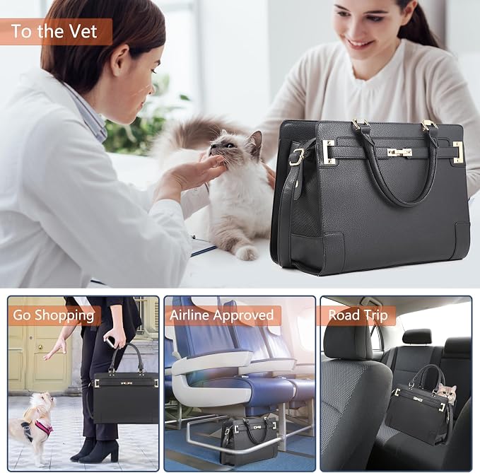 Fashion Dog Purse Carrier for Small Dogs and Cats with 2 Large Pockets PU Leather Pet Carrier Cat Carrier TSA Airline Approved Puppy Kitten Purse Carrier for Travel Hiking Road Trip, Black