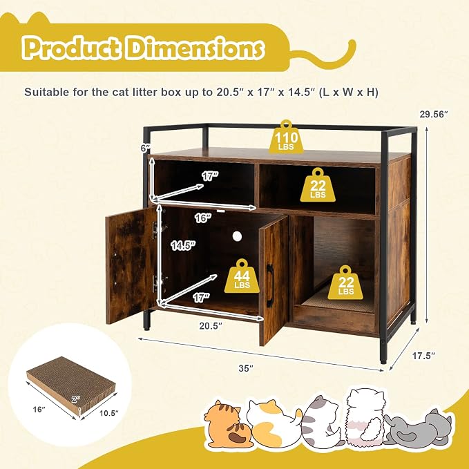 Tangkula Litter Box Enclosure, Cat Litter Box Furniture Hidden w/Metal Frame, Scratching Board, Storage Compartment, Wooden Cat Washroom, Indoor Cat House Side Table, Cat Box Cabinet (Rustic Brown)