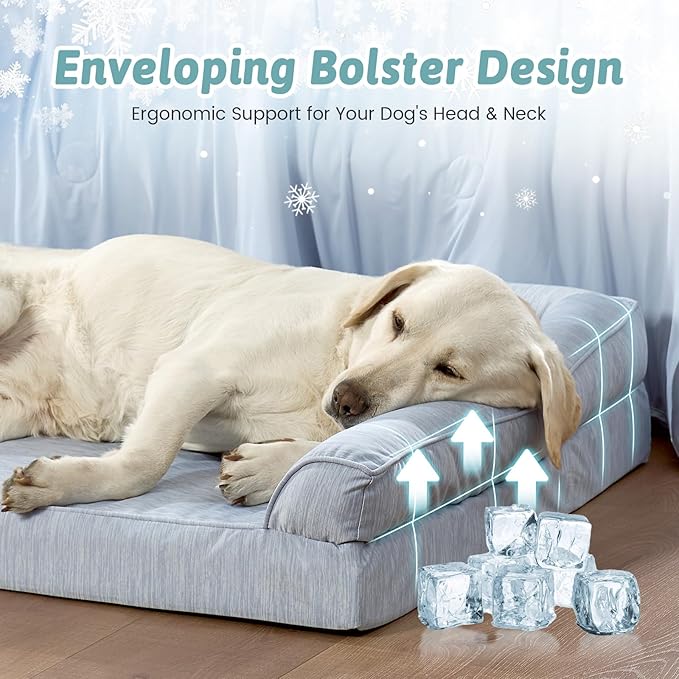 COZY KISS Cooling Dog Bed for Extra Large Dogs, 48"x32" Orthopedic Foam Sofa with Bolster Sides, Q-Max >0.4 Cooling Technology, Cool Pet Bed with Removable Washable Cover, Blue