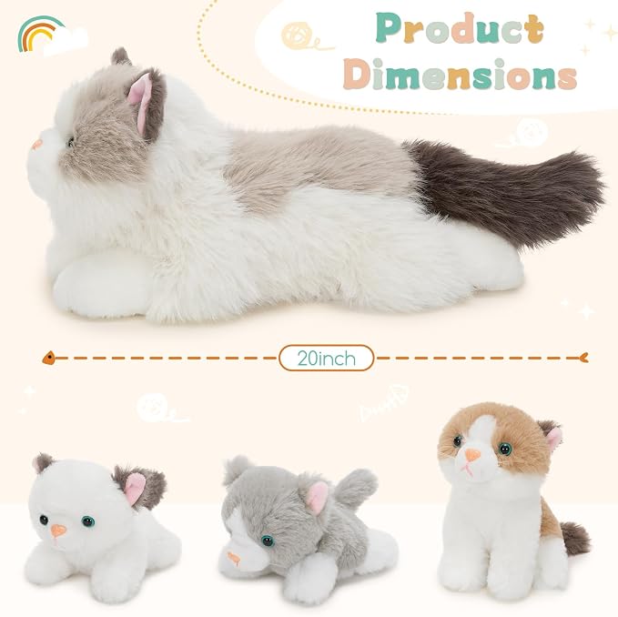 Tezituor Ragdoll Cat Stuffed Animals with Babies, 20 inch Large Realistic Stuffed Cat with 4 Cute Kittens, Soft White Ragdoll Cat Plush Pillow for Boys Girls