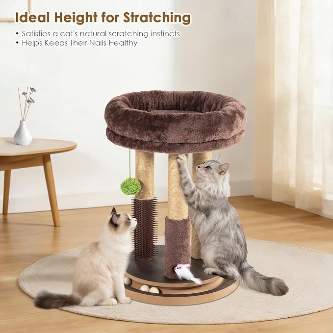 22 Inch Heavy-Duty Cat Scratching Post with Cozy Plush Bed, 3 Sisal Scratching Posts, Interactive Cat Scratcher with Grooming Brush, Hanging Pom-Pom, Track Balls & Mouse Toy for Indoor Cats