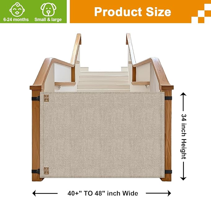 Baby Fabric Gate for Stairs Banisters - Dog and Pet Safety Barrier Gates for Stairway - No Drill Banister to Banister Baby Kids Gates for Stairs (Apricot, Wide 40" to 48" Height 34")