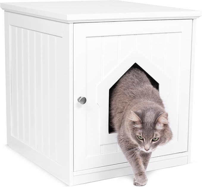 BIRDROCK HOME Cat Litter Box Furniture Enclosure - Hidden Kitty Litter Cat House with Hinged Door, Nightstand, Side Table & Pet Crate, Indoor & Outdoor Wood Cabinet for Small Cats and Dogs - White