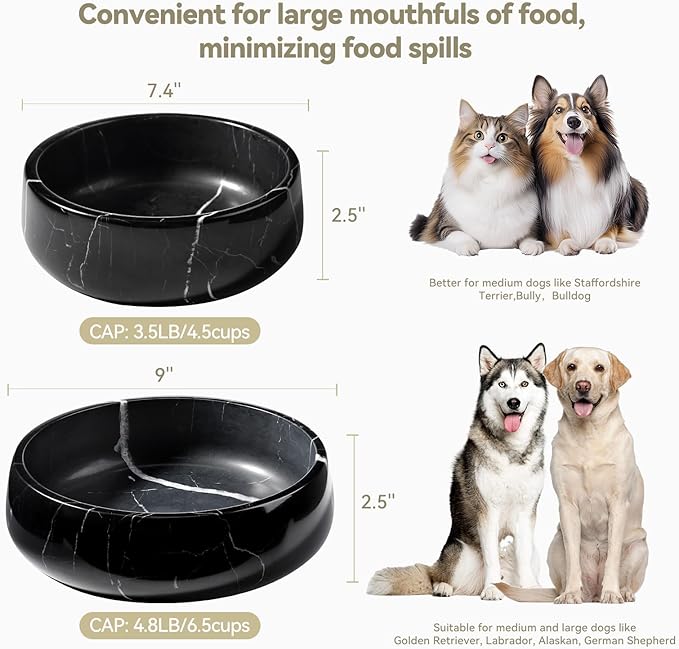 Karibiber Black Marble Dog Bowl, 3.5lbs Non Slip,Non Spill Heavy Dogs Food Bowl, Large Dog Dish, Weighted Food and Water Bowls for Medium Dogs, Natural Stone Pet Bowl, Easy to Clean, Holds 4.5 Cups