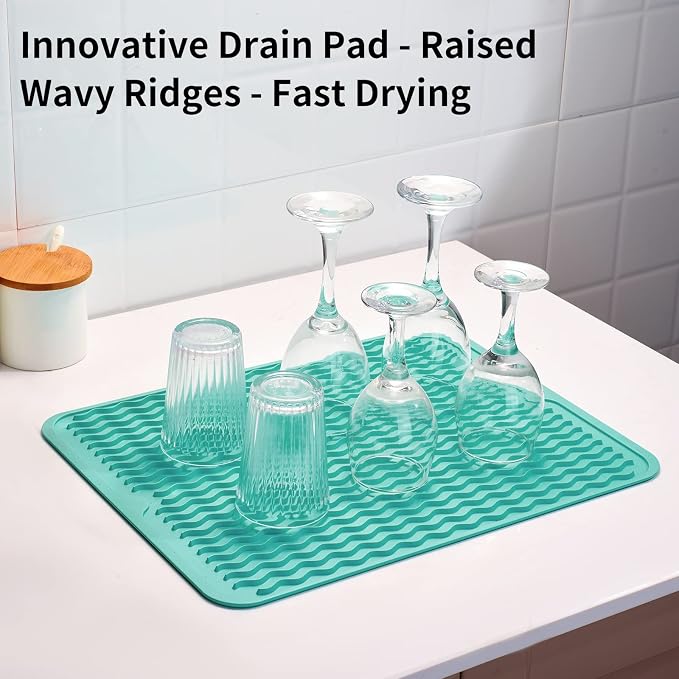 ZLR Silicone Dish Drying Mat for Kitchen Counter (12" x 16" / 307 x 405mm) - Large Fast-Dry Drainer Mat with Raised Wavy Ridges & 5mm Lip - Non-Slip, Heat Resistant 450°F, BPA-Free (Mint Green)