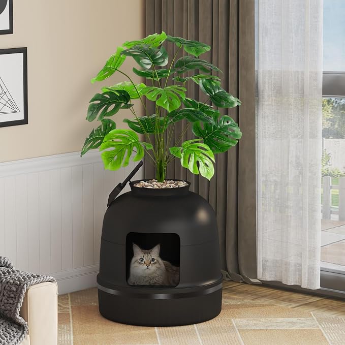 Lifewit Cat Litter Box, Hidden Enclosure Litter Tray with Odor Control & Carbon Filter in Living Room, Bedroom, Corner with Faux Plant& Plastic Scoop, Litter Liner, 48 x 120 cm/19x47, Black