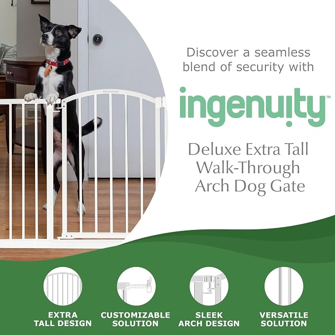Ingenuity Deluxe Metal Extra Tall Walk Through Arch Dog Gate with Hardware Mounted and Wide Openings for Stairways and Doorways, White