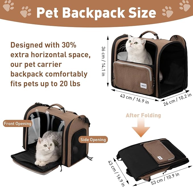 ETIAL Expandable Pet Carrier Backpack for Cats & Small Dogs, 30% Extra Large Space (Up to 20lbs), Airline Approved, Breathable Mesh, Foldable Travel Bag with Shoulder Strap & Luggage Sleeve