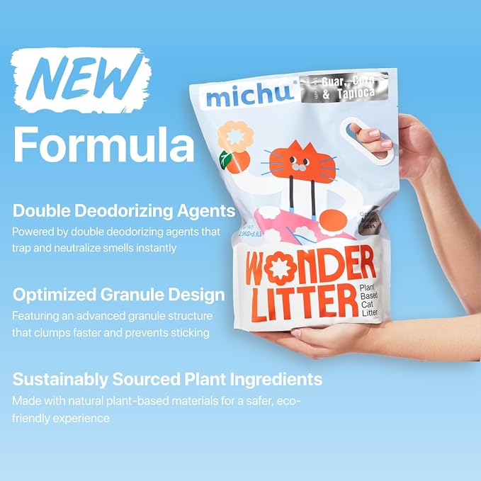 Michu Wonder Cat Litter, Cassava Plant-Based Cat Litter, Automatic Litter Box Friendly, Flushable & Fast Clumping, Low Dust Odor Control, 5.5lb/88oz - Lemon Tea 8 Pack