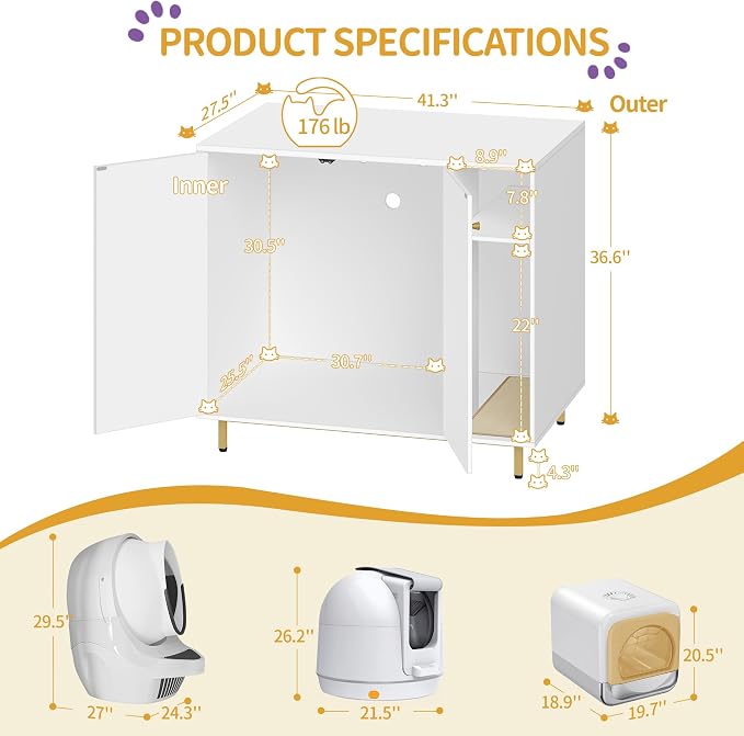 Hzuaneri Extra Large Cat Litter Box Enclosure, Automatic Litter Box Furniture with Scratch Pad, Wooden Modern Self-Cleaning Cat Cabinet with Storage, Cat Washroom, End Table, White and Gold CB87103G