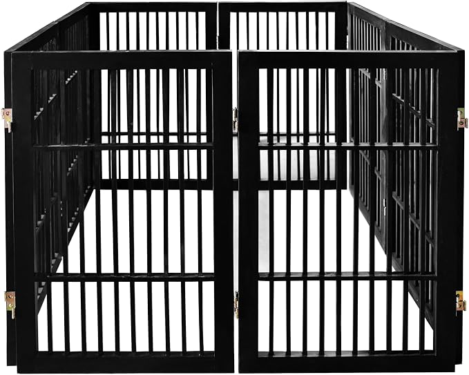 Urnporium Pet Dog Gate Freestanding, Strong Durable Folding Wooden Fence, Portable Acacia Hardwood Safety Barrier for Indoor & Outdoor Use (Black Pet Gate, 8 Panel 30" Tall)