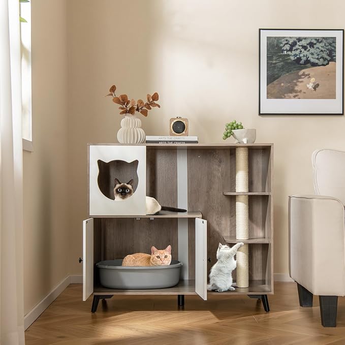 Tangkula Cat Litter Box Enclosure, 5-in-1 Enlarged Hidden Litter Box Furniture with Cat Condo, 3 Scratching Posts, 5 Metal Support Legs, Cat Washroom, Multi-Layer Cat House for Indoor Cats