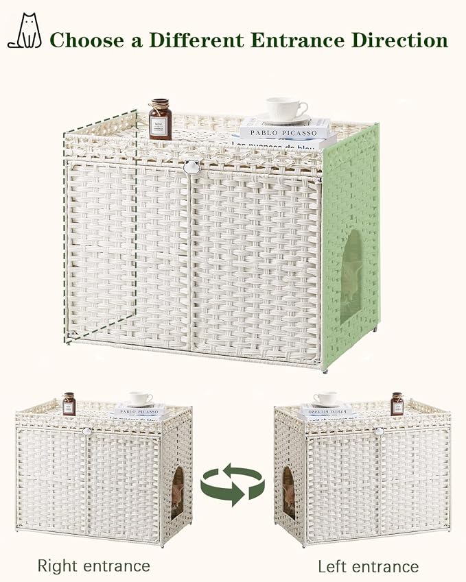 SETVSON Cat Litter Box Enclosure Furniture, Handwoven Rattan Hidden Litter Box with Mat, Large Space Cat House with 2 S-Shaped Hooks 30.3 x 18.3 x 24.4 Inches, Indoor for Living Room Apartment White