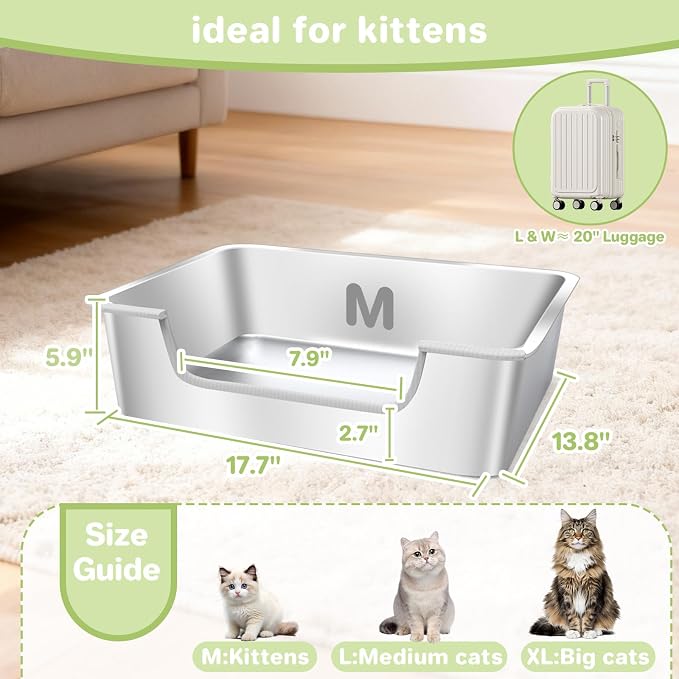 2-Pack Low Entry Litter Box for Senior Disabled & Injured Cats, Stainless Steel High Sided Enclosed Easy Step in Entry-Metal Kitty Litter Box for Kittens, Odor Control (17.7"x13.8"x5.9")