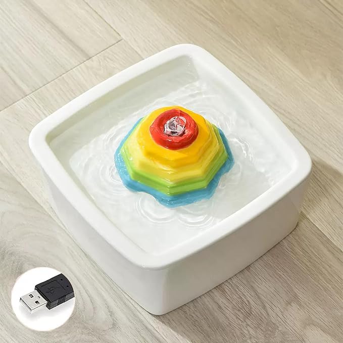 Ceramic Cat Water Fountain 1.5L/50.73oz Rainbow Cats Tower Water Dispenser Dog Water Bowl Dispenser Cat Fountain for Cats Indoor Ultra Quiet Pump Pets Water Bottle Rectangular