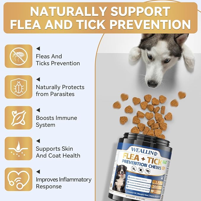 WEALLIN Flea and Tick Prevention Chews for Dog&Cats, Flea and Tick Prevention for Dogs, Flea and Tick Prevention for Cats, 200 Soft Chews, Chicken Flavor, Natural Flea and Tick Treatment