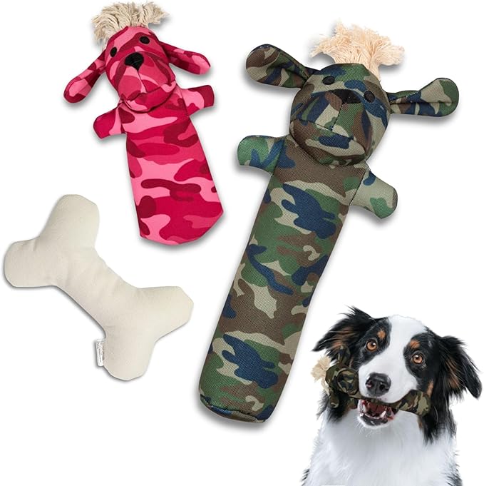 Durable Tough Cotton Canvas Squeaky Dog Toys, Eco-Friendly Interactive3-Pack Chew Toy Set for Small, Medium& Large Dogs, Sarge, T-Bone & Pinky