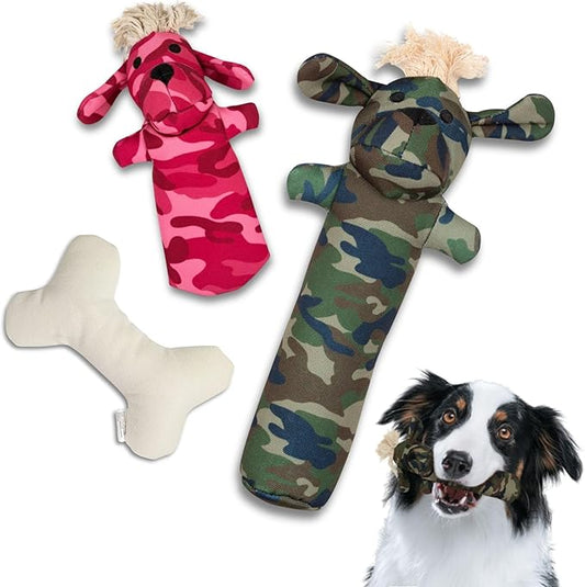 Durable Tough Cotton Canvas Squeaky Dog Toys, Eco-Friendly Interactive3-Pack Chew Toy Set for Small, Medium& Large Dogs, Sarge, T-Bone & Pinky