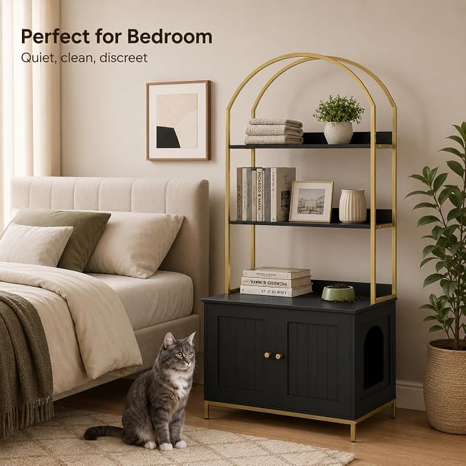 Homhedy Cat Litter Box Enclosure, Litter Box Furniture Hidden with 2-Tier Storage Shelves, Wooden Cat Washroom Furniture with Metal Frame, Modern Style, Black and Gold
