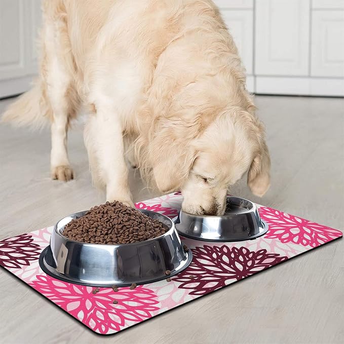 Dog Food Mats for Floors, Absorbent and Quick-Drying Pet Cat Food Mat,Anti-Fouling and Easy-to-Clean Pet Feeding Mat,Dog Bowl Mat for Messy Drinking Water Bowls.17x32, Bohemia Dahlia Floral Style