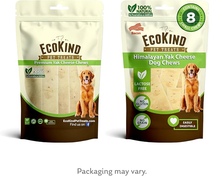 EcoKind Yak Cheese Himalayan Dog Chews, Yak Chews for Small Dogs, Long Lasting Bone for Aggressive Chewers, 4 Ingredients, Natural High Protein Treats, No Additives, Lactose Free, Bacon, Small 8 Chews