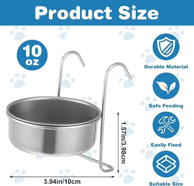 8 Pcs Stainless Steel Hanging Pet Bowl, 10 oz Kennel Food and Water Dish Feeder Coop Cup with Hook for Dog Crate, Cat, Rabbit Birds Chicken Cage No Spill