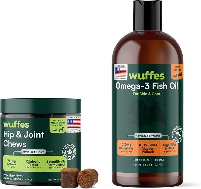 Wuffes Hip & Joint Supplement and Advanced Omega 3 Fish Oil Bundle for Small and Medium Dogs