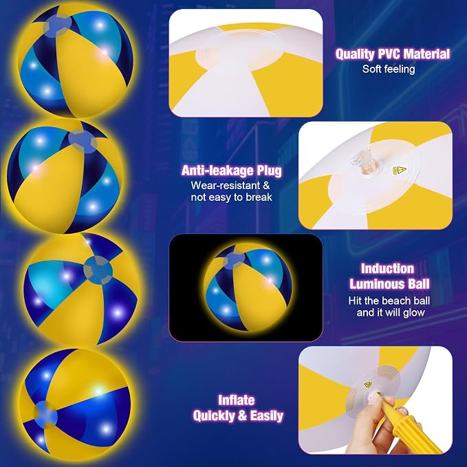 MiniInflat 12 Pcs Light up Beach Balls 16'' Jumbo Pool LED Balls Glow in the Dark Neon Giant Inflatable for Summer Hawaiian Tropical Theme Beach Party Decor Water Accessory (Yellow)