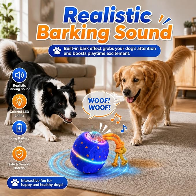 Smart Dog Ball E-TPU Interactive Dog Ball, Automatic Rolling with LED Glow (Blue, Oval)