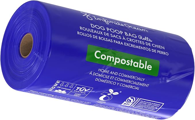 Certified Home Compostable Dog Poop Bag Rolls, 300 Tie-Handle & Gusseted, Leak-Proof, Odor-Proof Bags, Thick Blue Refill Rolls, Unscented