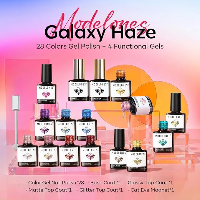modelones 32 PCS Gel Nail Polish Set, 28 Colors Cat Eye Gel Polish with No Wipe Base Coat, Glitter & Glossy & Matte Top Coat Magnet Glitter Sparkle Off LED Nail Art Kit Salon at Home