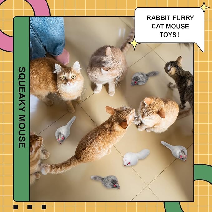Hungdao 12 Pcs Furry Mice Interactive Catch Play Rabbit Fur Mouse Rattle Sound Rat Plush for PET Cats and Kittens, 3 Colors (White,Black,Gray)