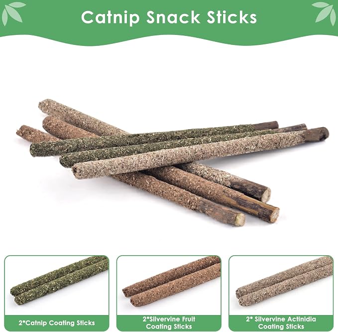 Bissap 16 PCS Silvervine Chew Sticks for Cats, Catnip Chew Sticks Cat Toys for Indoor Cat Kitten Teeth Grinding Interactive Feather Toys for Aggressive Chewers Dental Care
