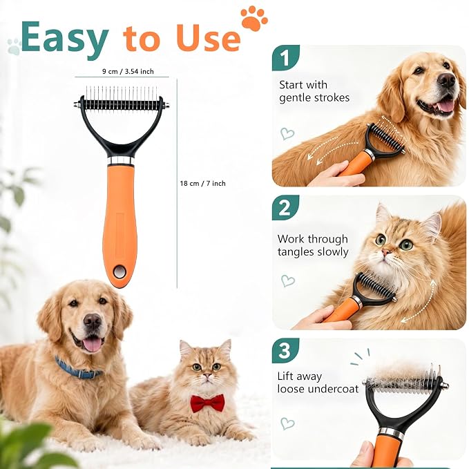 Dog Brush and Cat Deshedding Rake, Pet Grooming Tool for Shedding with Rounded Stainless Steel Teeth, Comfortable Grip for Long or Thick Coats (Green)