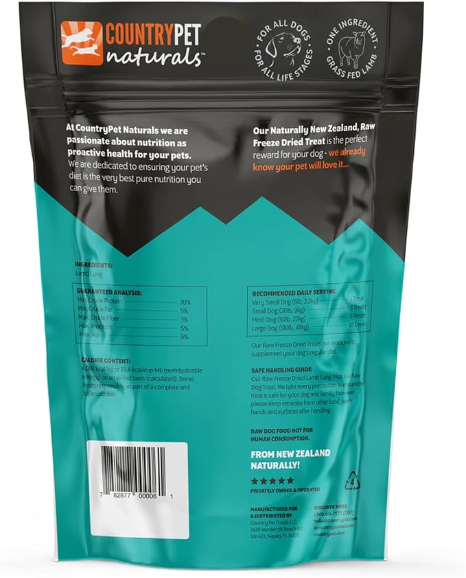 New Zealand Raw Freeze-Dried Lamb Lung 70% Protein Bites 100% Grass-Fed, Premium, Single Ingredient, Grain & Gluten Free Dog Treat & Topper. No Crumbling 1-Pack