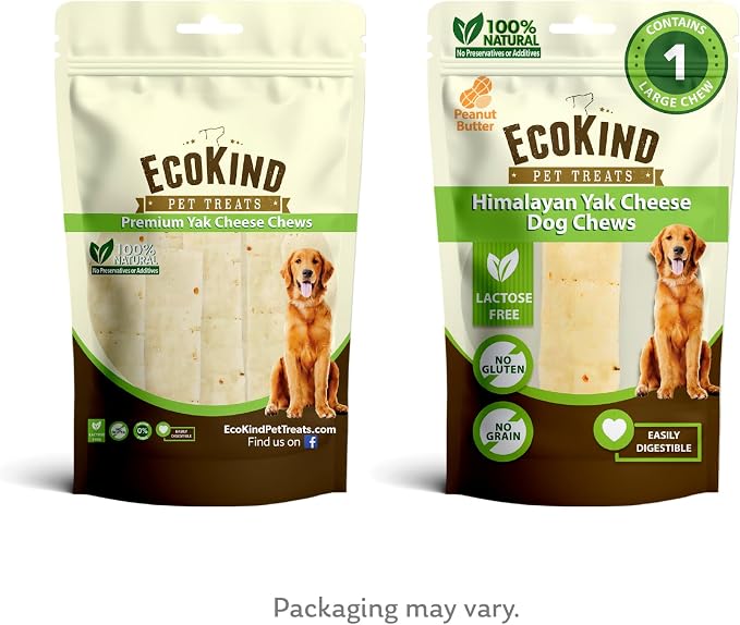 EcoKind Yak Cheese Himalayan Dog Chews, Yak Chews for Large Dogs, Long Lasting Bone for Aggressive Chewers, Only 4 Ingredients, Natural High Protein Treats, No Additives, Peanut Butter, Large - 1 Chew