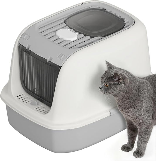 Cat Litter Box with Scoop, Front Entry Covered Litter Box with Lid, Top Exit Kitty Litter Box, Easy to Clean Durable Plastic Litter Pan, Ideal Size for Small to Medium Cats 20.6”×16”×14.3”Grey